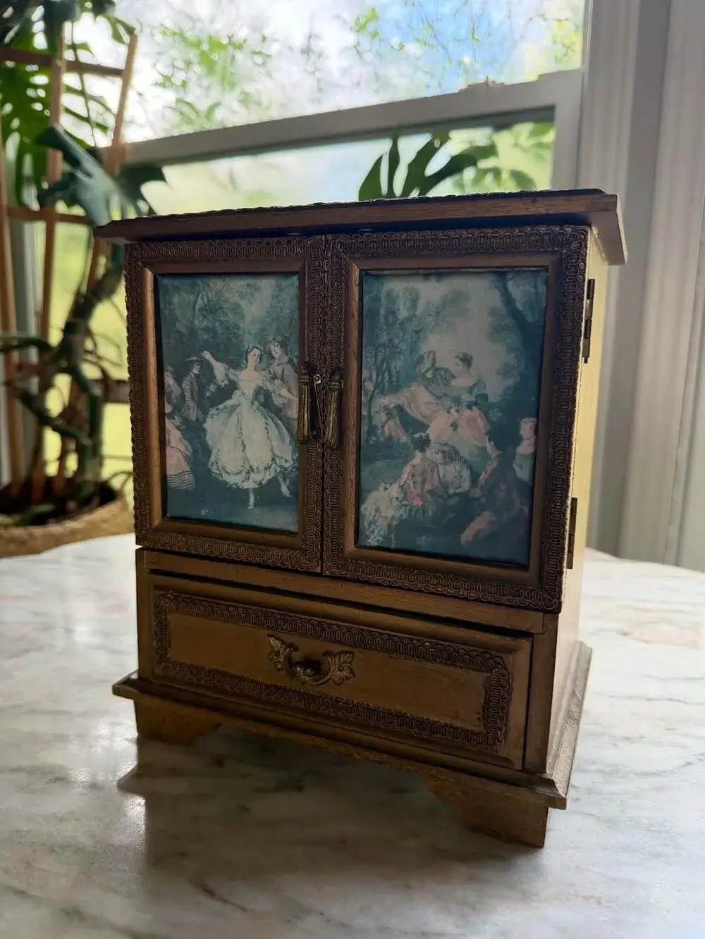 Vintage Florentine Wooden Miniature Armoire Jewelry Box with Romantic Scene Pane